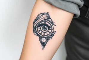 Ojo de mujer rodeada de tinta con un reloj y mucho caos tattoo idea