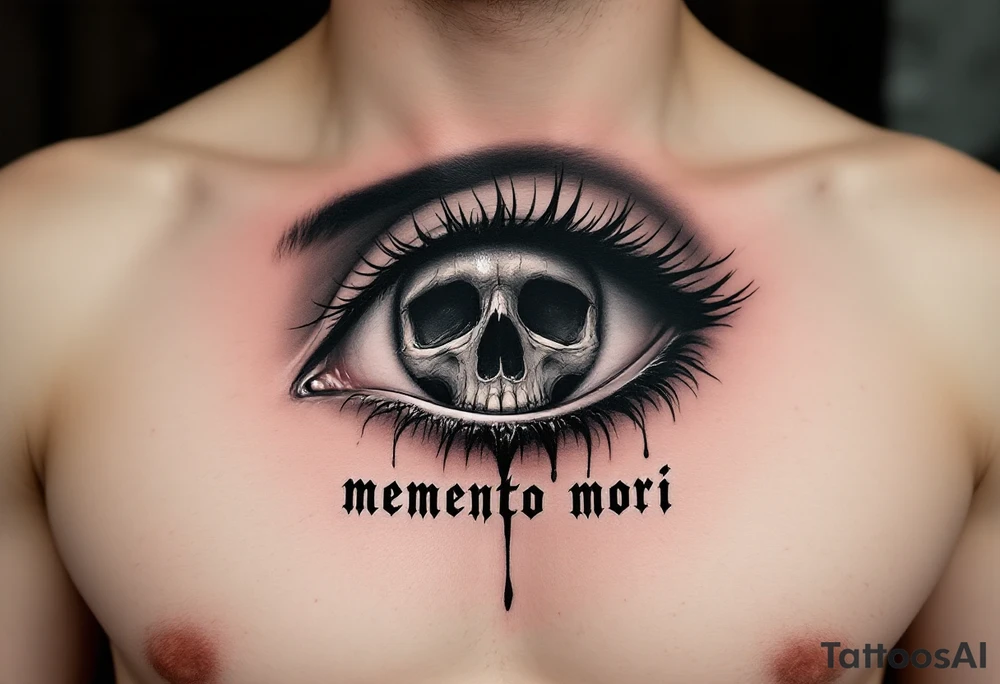 A realistic eye crying black ink tears, reflecting a skull in its pupil, with "memento mori" in gothic font below. tattoo idea