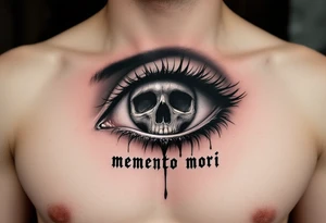 A realistic eye crying black ink tears, reflecting a skull in its pupil, with "memento mori" in gothic font below. tattoo idea