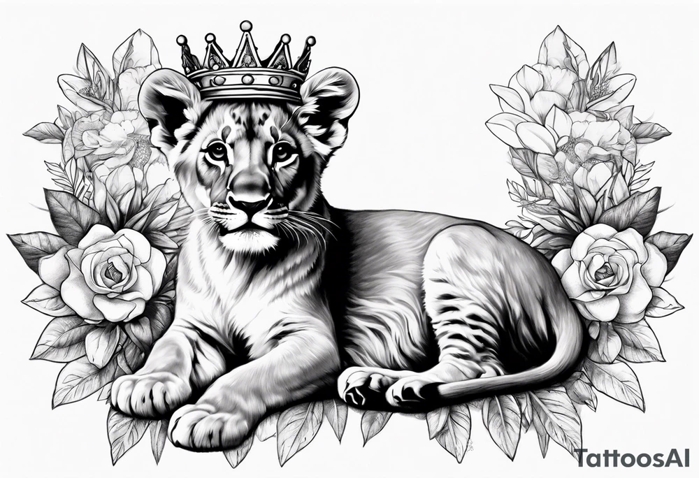 Lion Cub with crown and flowers tattoo idea