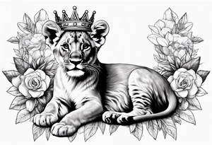 Lion Cub with crown and flowers tattoo idea