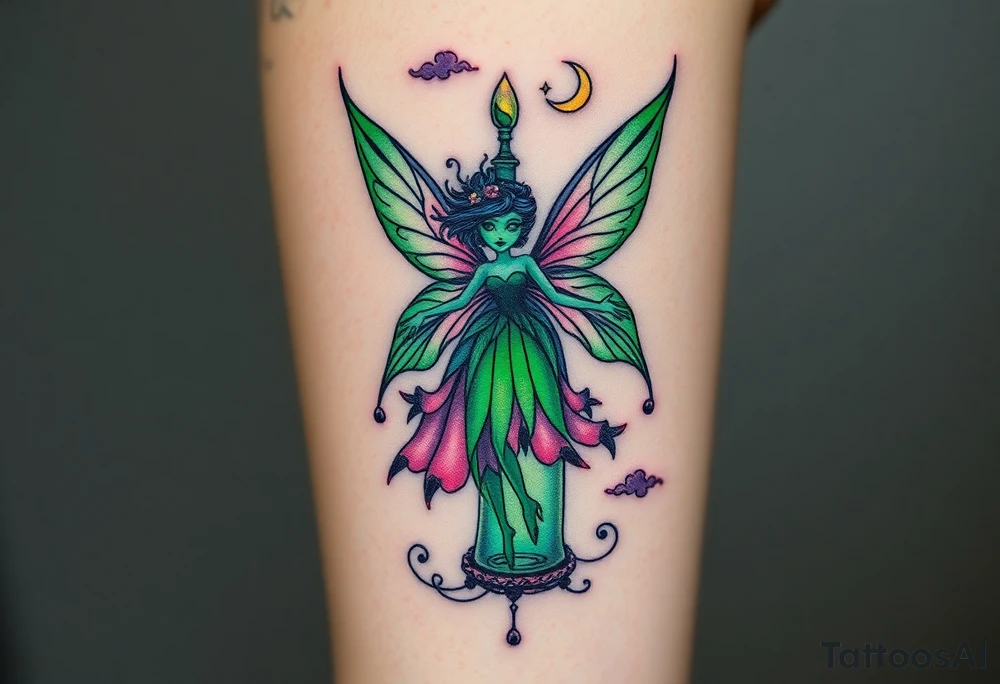 Tim Burton’s style Vintage Parisian elegant and beautiful yet eerie full body absinthe Green Fairy dances outside her victorian crystal absinthe bottle Absinthe Art Nouveau   and dripping with muted reds, dusty pinks, and eerie green glow.purple and cyan smokey clouds swirl in the crescent moonlit sky thats sprinkled with stars tattoo idea