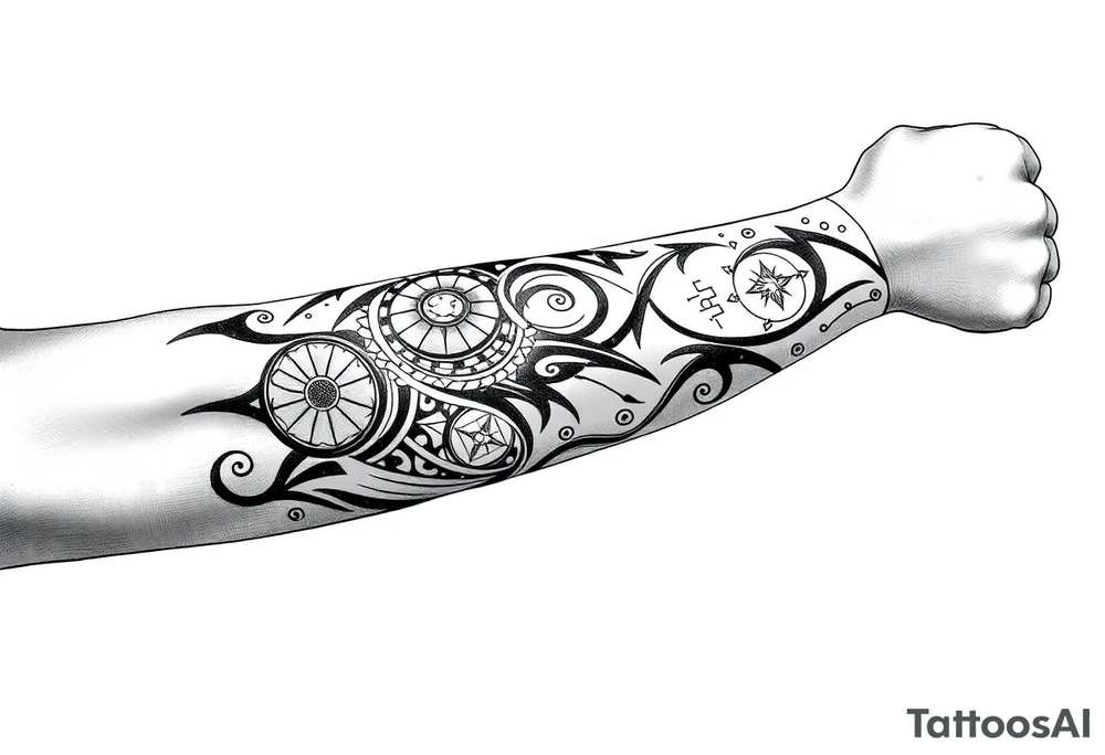 Sicilian Forearm tribal sleeve with patterns and symbols tattoo idea
