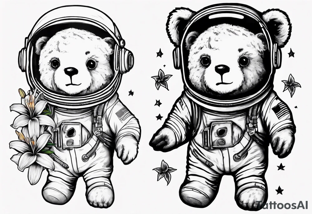 Teddy bear astronaut holding Lily tattoo idea