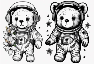 Teddy bear astronaut holding Lily tattoo idea