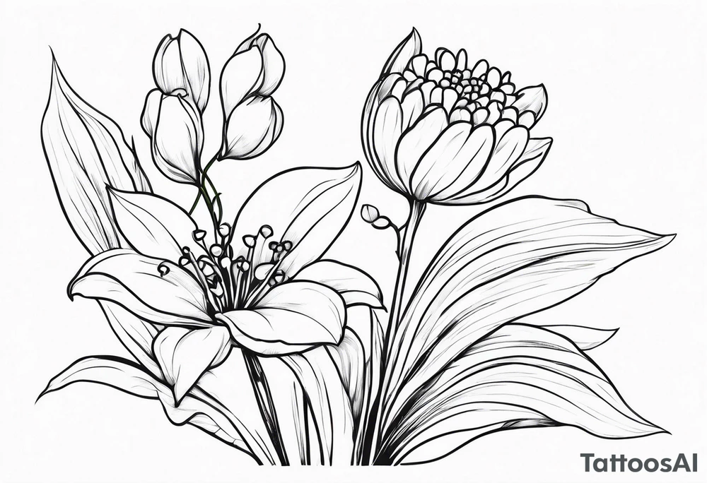 Lily of the valley. Marigold, chrysanthemum, and lily combined for thigh tattoo vertically tattoo idea