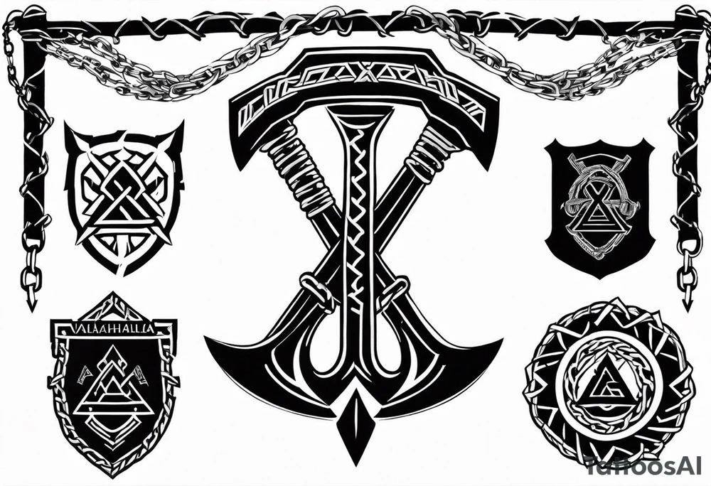 Valhalla sword shield axe barbed wire chains valknut tattoo idea