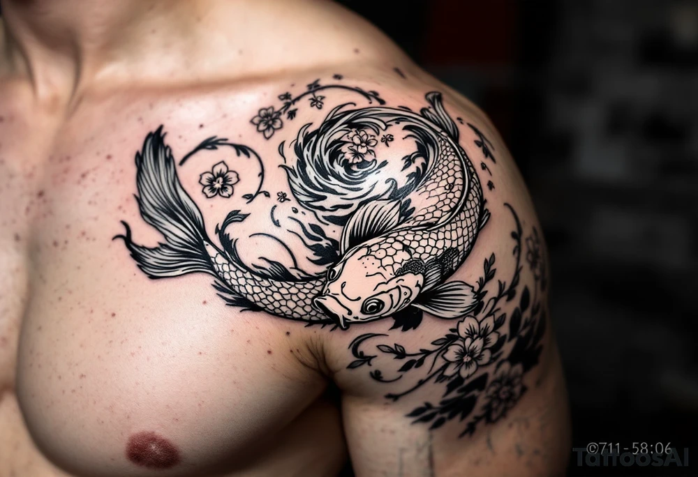 Koi carp swimming upstream through swirling water and cherry blossom petals tattoo idea