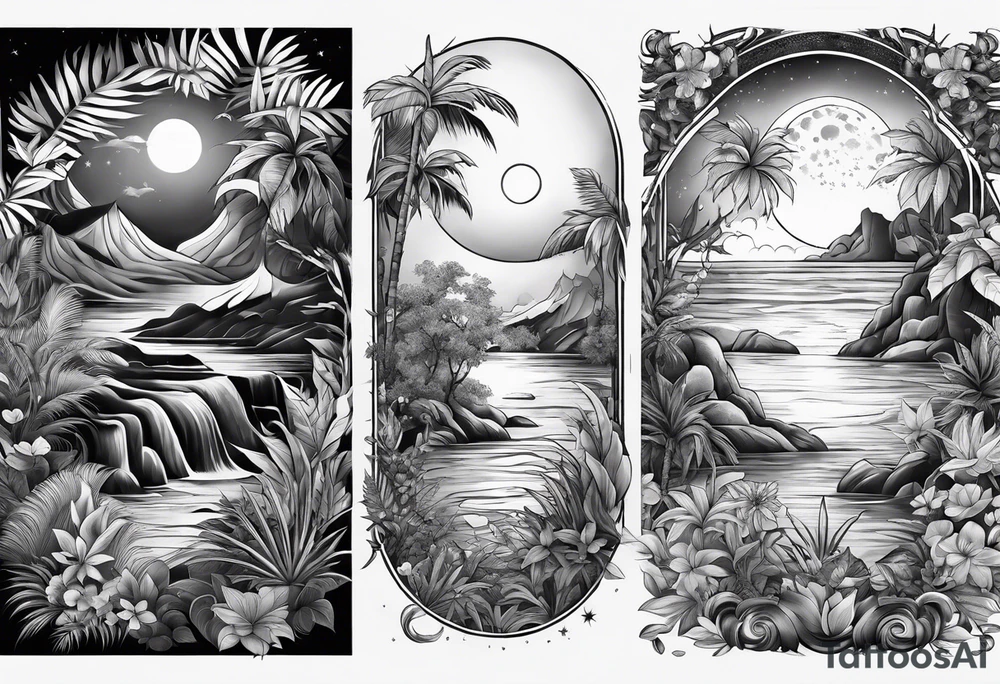 full sleeve tattoo with jungle plants, ocean, moon, stars, tattoo idea
