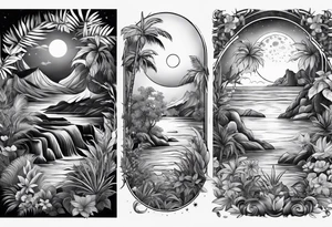full sleeve tattoo with jungle plants, ocean, moon, stars, tattoo idea