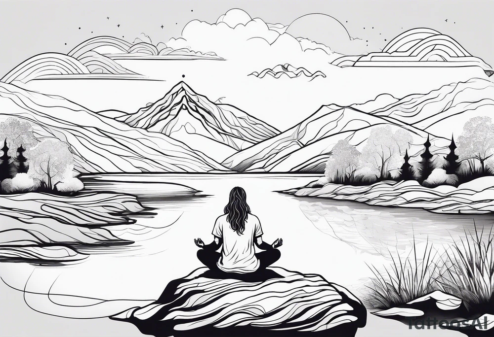a meditating long haired man by the mountain river, the sky is covered with spiritual pattern tattoo idea
