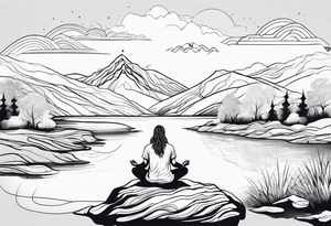 a meditating long haired man by the mountain river, the sky is covered with spiritual pattern tattoo idea