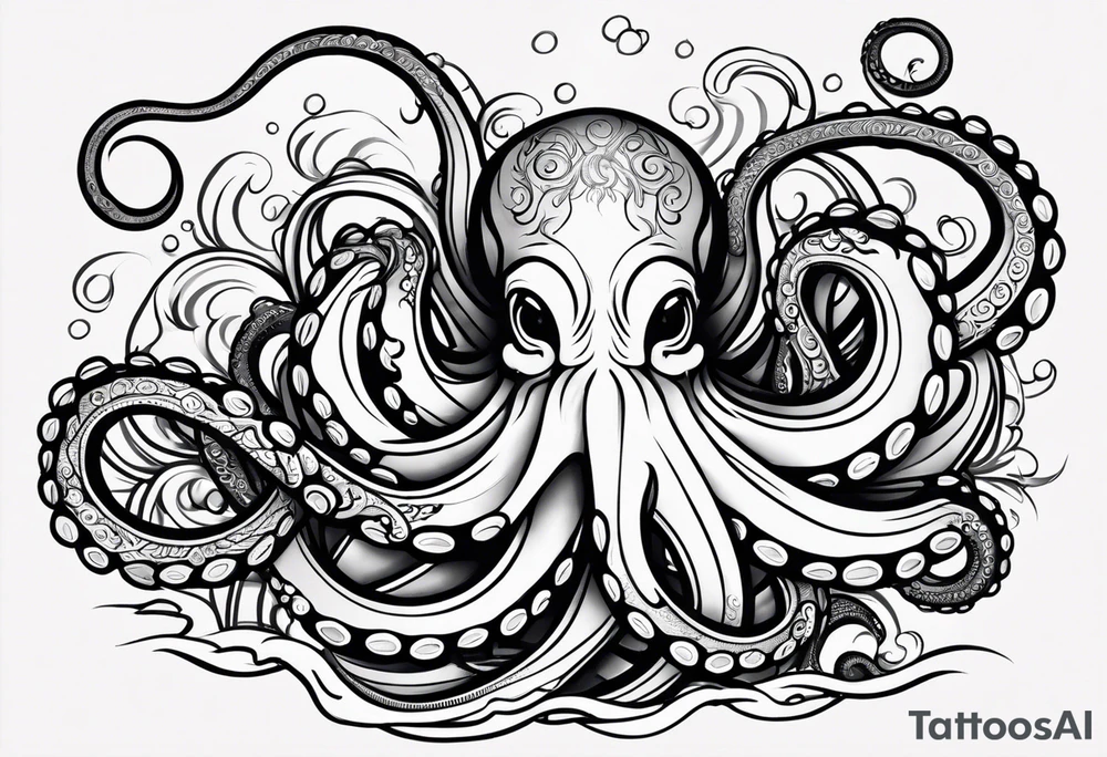 Tribal half sleeve. octopus surrounded by ribbons of water waves filled with fish. the octopus has no eyes. Use thick lines only with less detail. tattoo idea