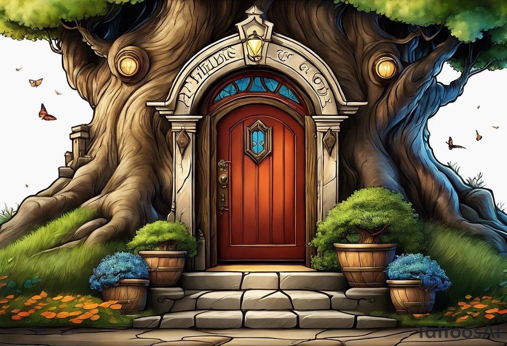Bilbo baggins front door with steps and tree. With the words The road goes ever on and on tattoo idea