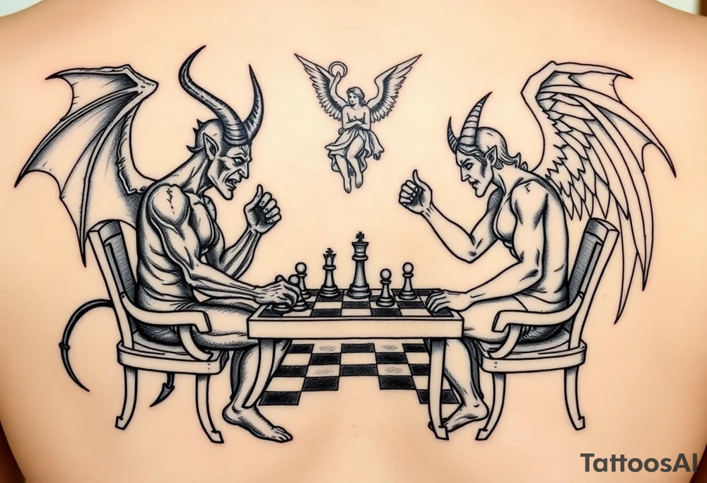 devil and angel playing chess. Make them seem like people and not animals. Sitting on chairs with an angel watching, multiple chess pieces visible on board tattoo idea