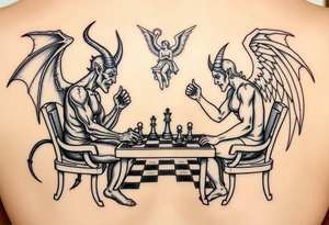 devil and angel playing chess. Make them seem like people and not animals. Sitting on chairs with an angel watching, multiple chess pieces visible on board tattoo idea