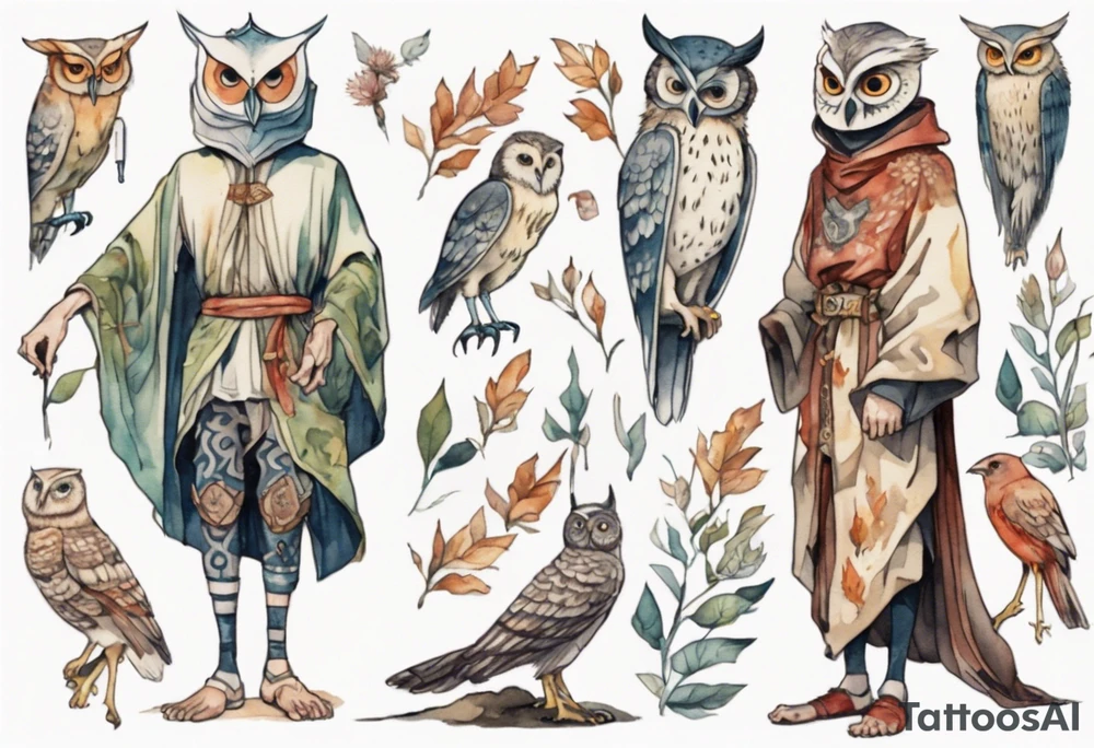 a tall thin man in a medieval tunic wearing an owl mask walking in a forest with the feet of a bird tattoo idea