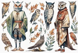 a tall thin man in a medieval tunic wearing an owl mask walking in a forest with the feet of a bird tattoo idea