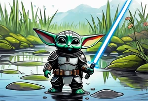 Baby Grogu wearing black mandalorian armor,  with a black lightsaber in a swamp tattoo idea