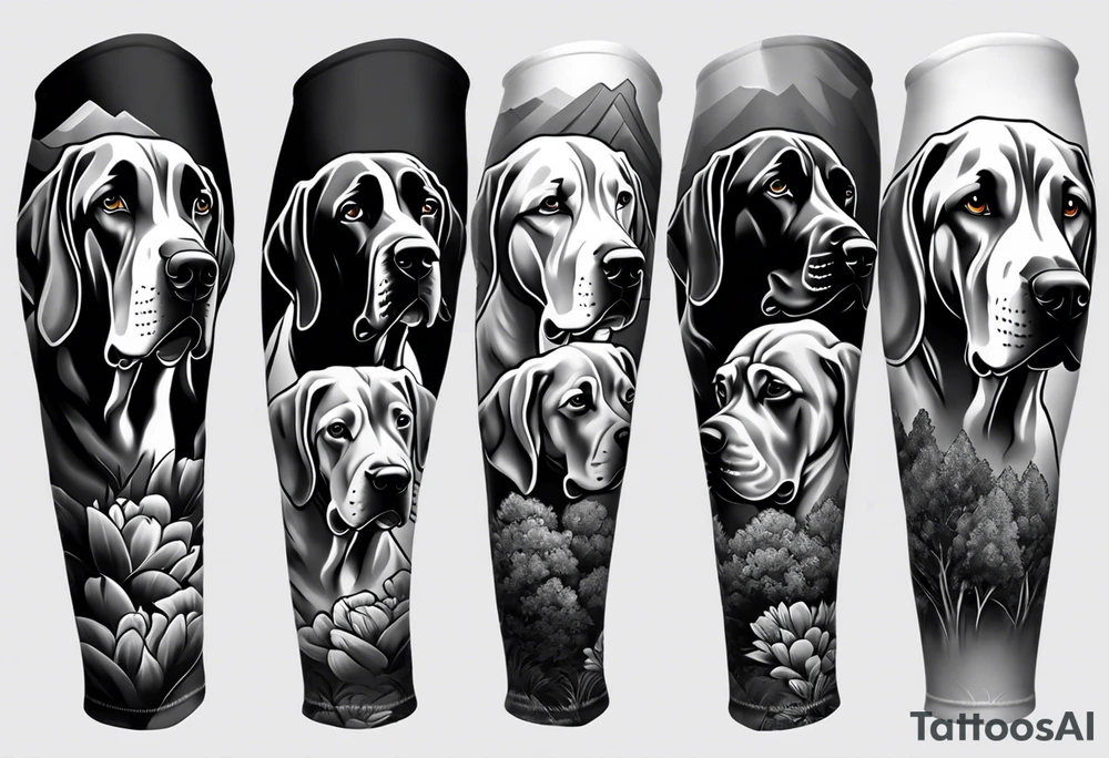 (full arm sleeve on guy) with (4) Four Great Dane floppy ear dogs with an outdoor vibe tattoo idea