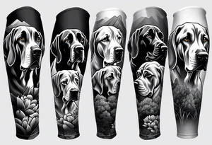 (full arm sleeve on guy) with (4) Four Great Dane floppy ear dogs with an outdoor vibe tattoo idea