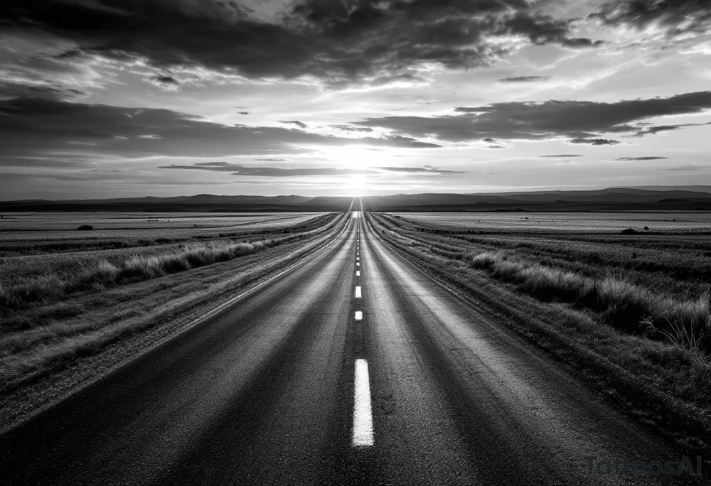 A grayscale open road disappearing into a sunset horizon reflects the freedom of journey. tattoo idea
