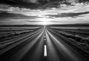 A grayscale open road disappearing into a sunset horizon reflects the freedom of journey. tattoo idea
