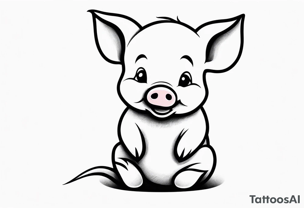 cute piglet sitting on bum. thin lines minimal shading, black and white only, with text "friends not food", white background tattoo idea