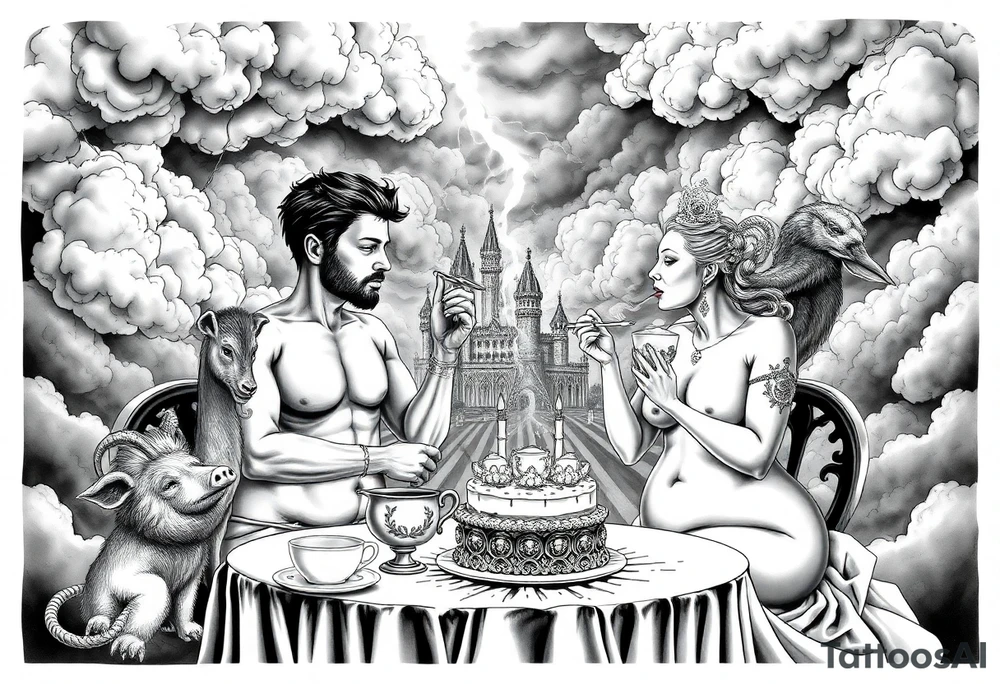 Mystical Naked Man and woman eating cake  having sex Storm lightening clouds gothic sexy naked fat lady having a tea party with tea pot and Victorian castle explosions
with a piggy, peacock, noose, lion, goat, smoking cigerettes looking in the mirror thru storm clouds with razor blades and broken hearts and darkness and wrath, envy , gluttony, greed, sloth, pride kill tattoo idea