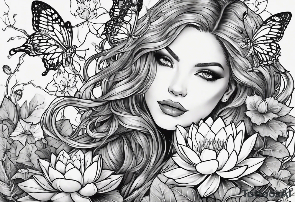 poison ivy wrapped around a hand holding water lilies surrounded with butterflies around with “Zane”, “Nate”, “Jaiden” tattoo idea