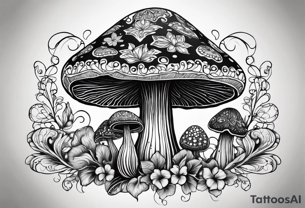 Large Shaggy cap mushroom dripping ink off cap with 4 smaller mushrooms around it mandala henna black tattoo design tattoo idea