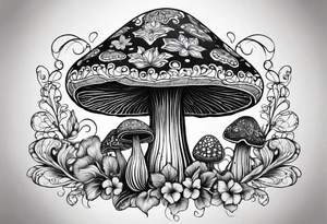 Large Shaggy cap mushroom dripping ink off cap with 4 smaller mushrooms around it mandala henna black tattoo design tattoo idea