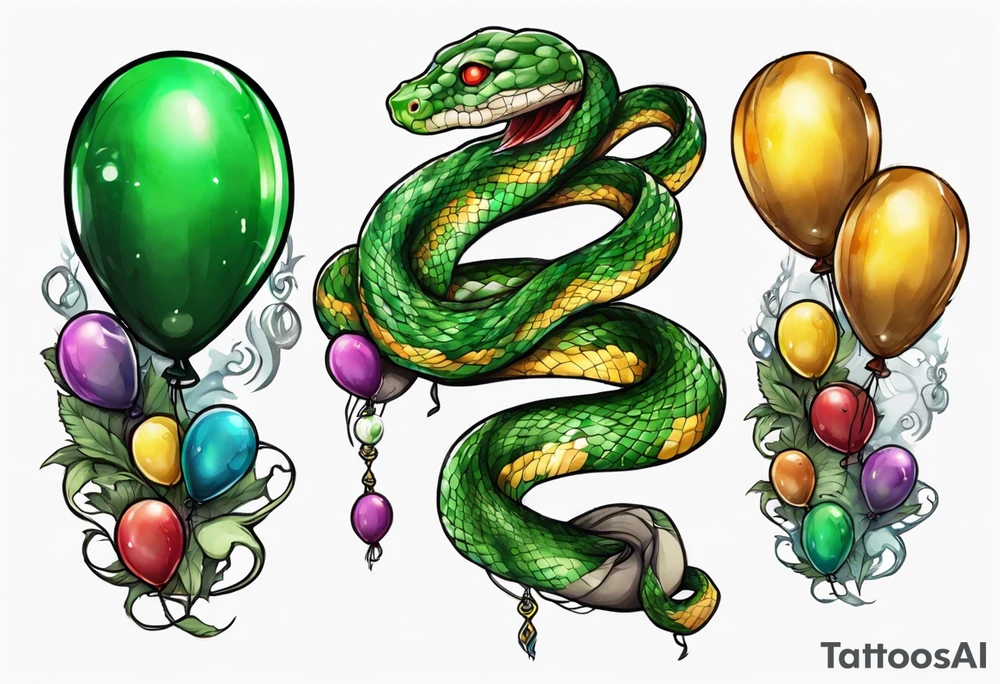 regius python with colored ballons aside and a green gem on the other side tattoo idea