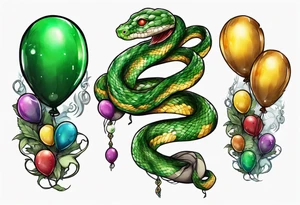 regius python with colored ballons aside and a green gem on the other side tattoo idea
