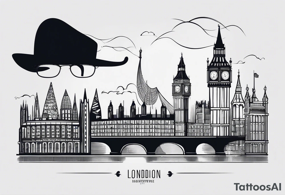 A minimalistic, abstract design capturing the architectural essence and vibe of London. Key elements of London’s skyline and structure are hinted at with clean lines, and subtle detailing includes personal touches, like a nod to Feid’s signature look (hat, glasses, mustache), integrated discreetly to honor a memorable concert experience. tattoo idea