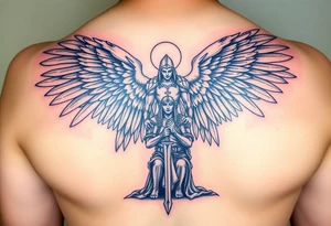 An angelic figure with massive wings standing behind a kneeling Templar tattoo idea