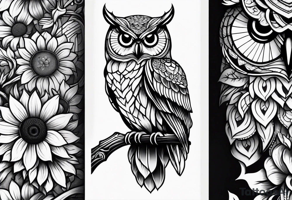 Owl and sunflowers quarter leg sleeves tattoo idea