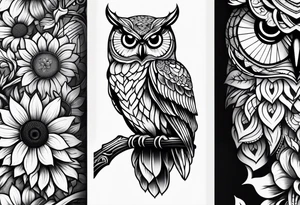 Owl and sunflowers quarter leg sleeves tattoo idea