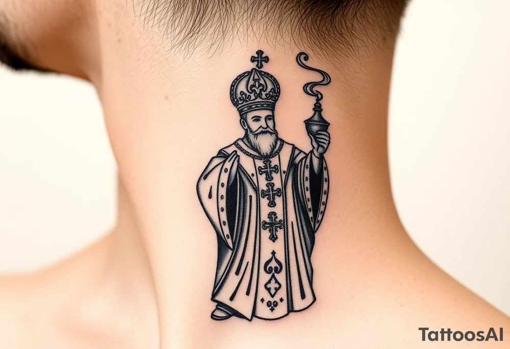 Russian Orthodox Priest in a fully detailed gold vestment swinging a censer with smoke curling upward tattoo idea