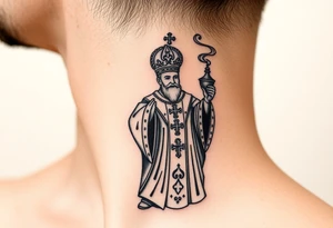 Russian Orthodox Priest in a fully detailed gold vestment swinging a censer with smoke curling upward tattoo idea