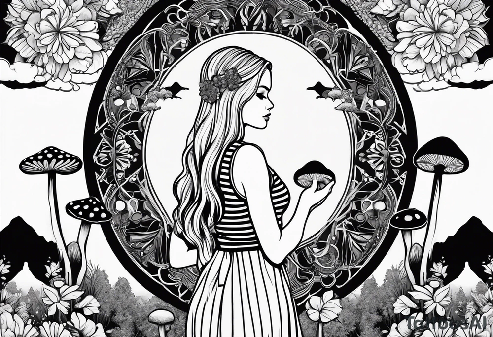 Straight blonde hair girl holding mushrooms in hand facing away toward mountains surrounded by mushrooms mandala circular design black and white striped dress tattoo idea