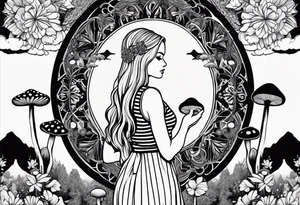 Straight blonde hair girl holding mushrooms in hand facing away toward mountains surrounded by mushrooms mandala circular design black and white striped dress tattoo idea