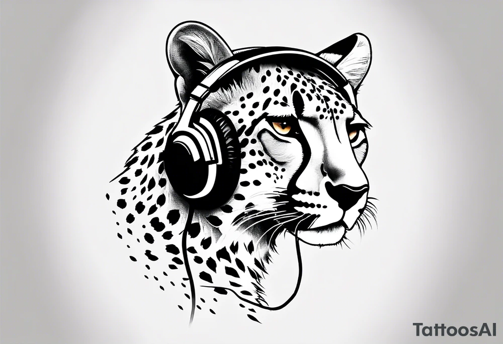 A minimalist tattoo of a cheetah head wearing headphones, showcasing your interest in music and the beauty of cheetahs tattoo idea