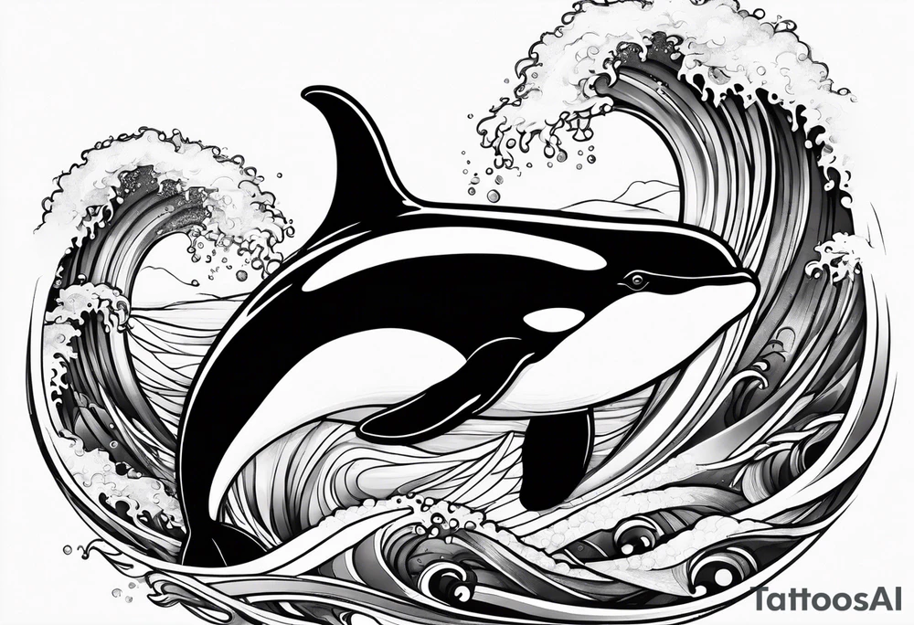 orca, flowing, waves and kelp highlights tattoo idea