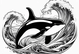 orca, flowing, waves and kelp highlights tattoo idea