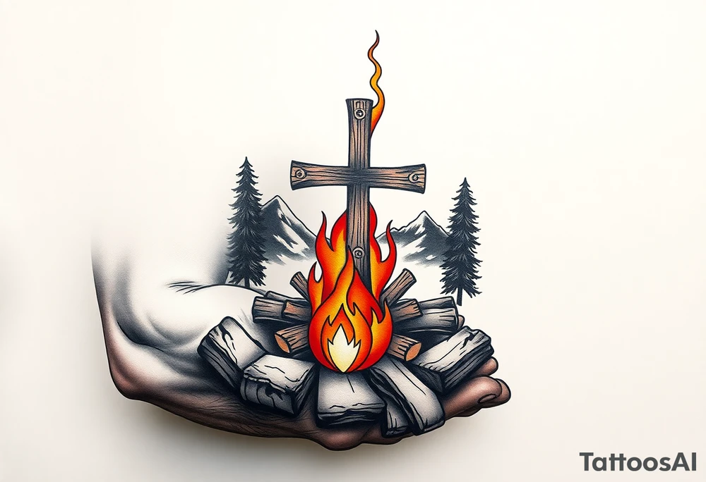Campfire with cross include the great outdoors and night sky make sure cross doesn't look like it is on fire tattoo idea