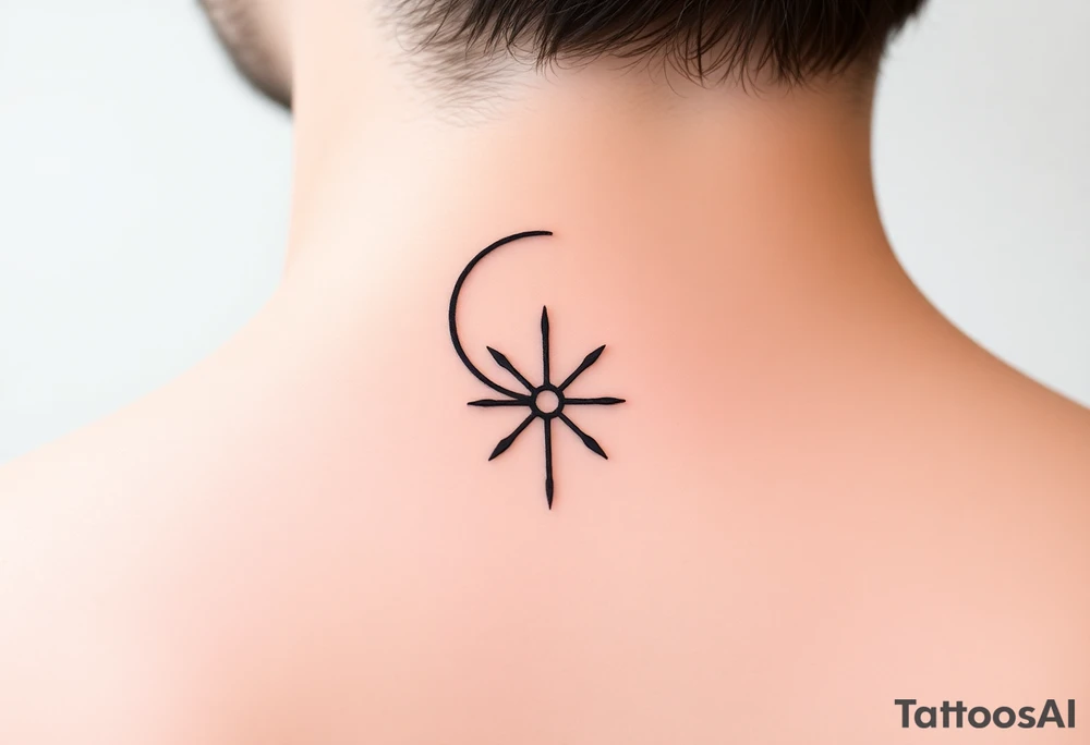 A minimalist crescent moon neck tattoo positioned just behind the ear. The crescent moon is thin and curves to the left. A sharp vertical line extends downward from the inner curve of the moon, intersecting with a symmetrical starburst shape at the center of the line. The starburst has four points — the top and bottom points are elongated, while the horizontal points are shorter, giving it a sleek and modern look. The design features clean, thin lines with a slightly hand-drawn feel, combining celestial and geometric elements. The tattoo follows the natural curve of the neck, giving it an elegant and balanced appearance. tattoo idea