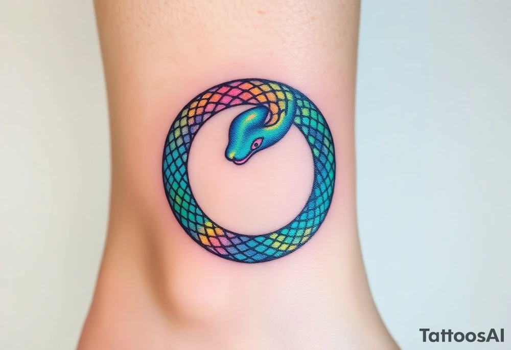 A prism-like Ouroboros snake forming cyrcle with iridescent rainbow hues, changing colors depending on the angle of light. tattoo idea