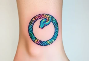 A prism-like Ouroboros snake forming cyrcle with iridescent rainbow hues, changing colors depending on the angle of light. tattoo idea