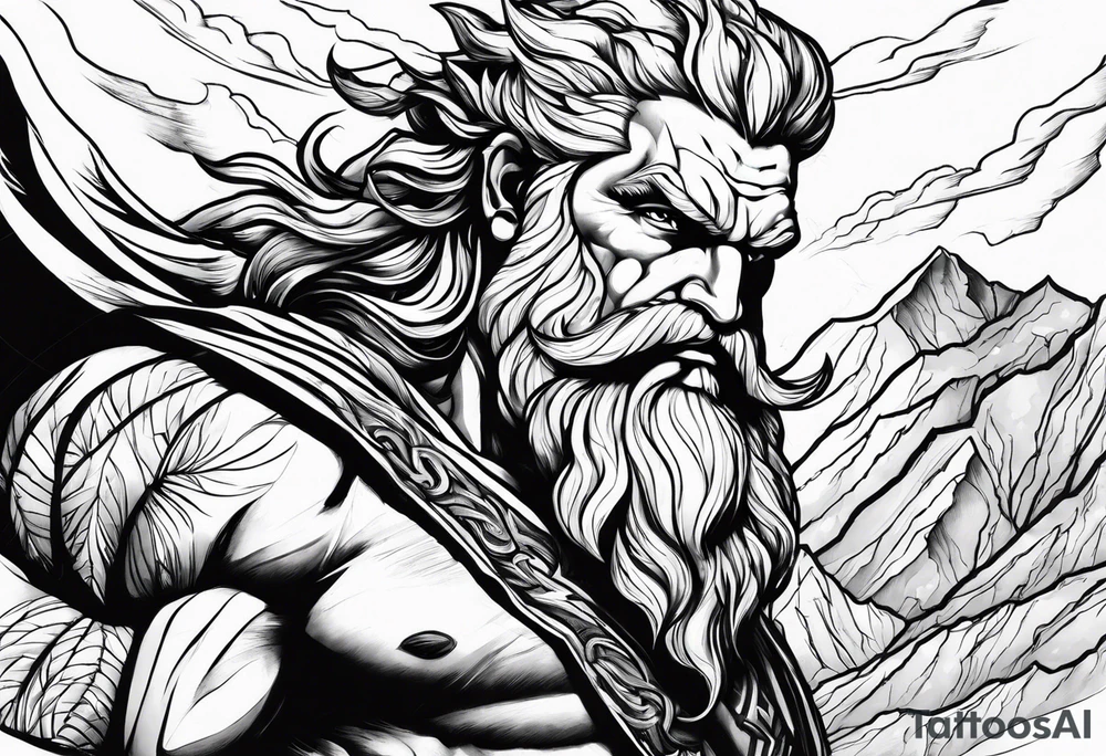 Zeus showing dominance behind a mountain with lightning behind him tattoo idea